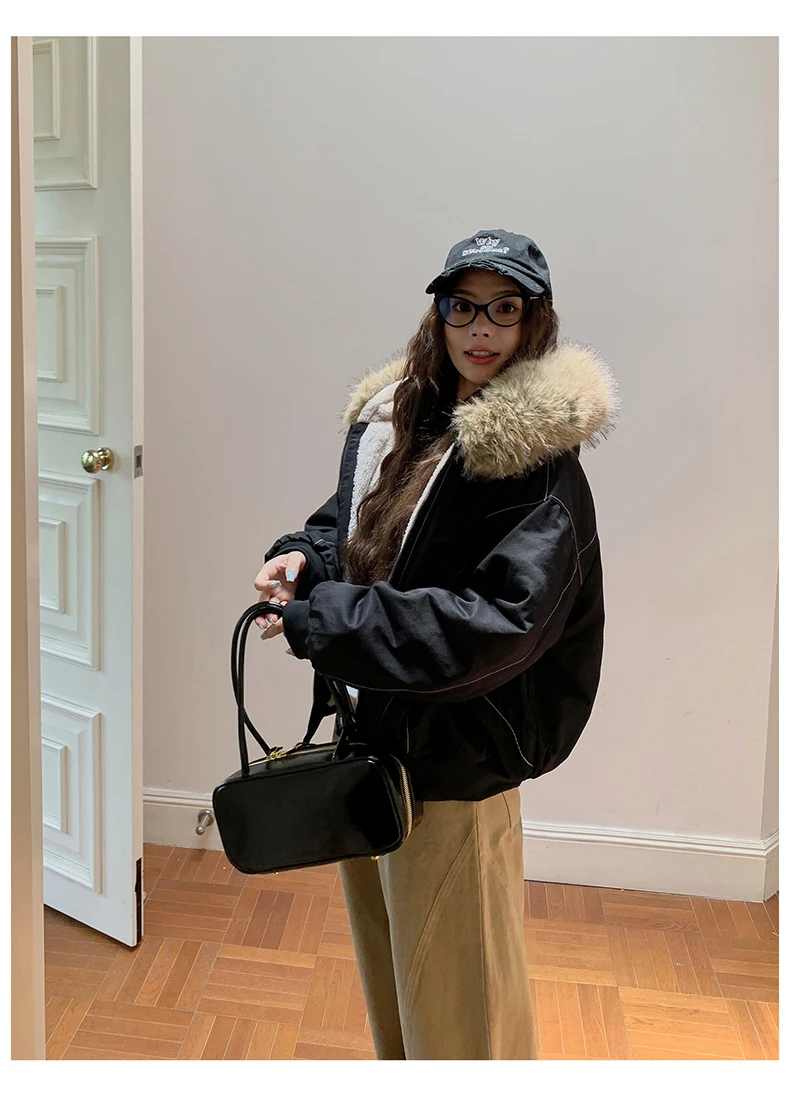 Autumn Winte Cotton Padded Short Parkas Women Thick Warm Fur Collar Hooded Vintage Jacket Outerwear Female Oversize Casual Coat