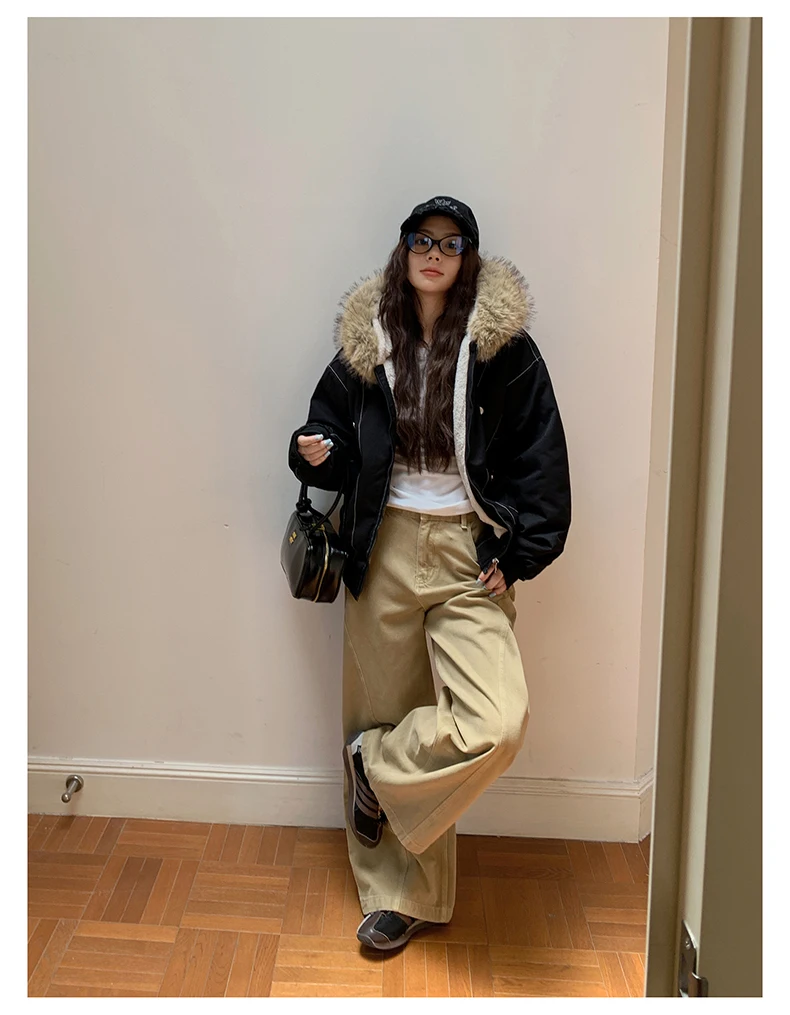 Autumn Winte Cotton Padded Short Parkas Women Thick Warm Fur Collar Hooded Vintage Jacket Outerwear Female Oversize Casual Coat