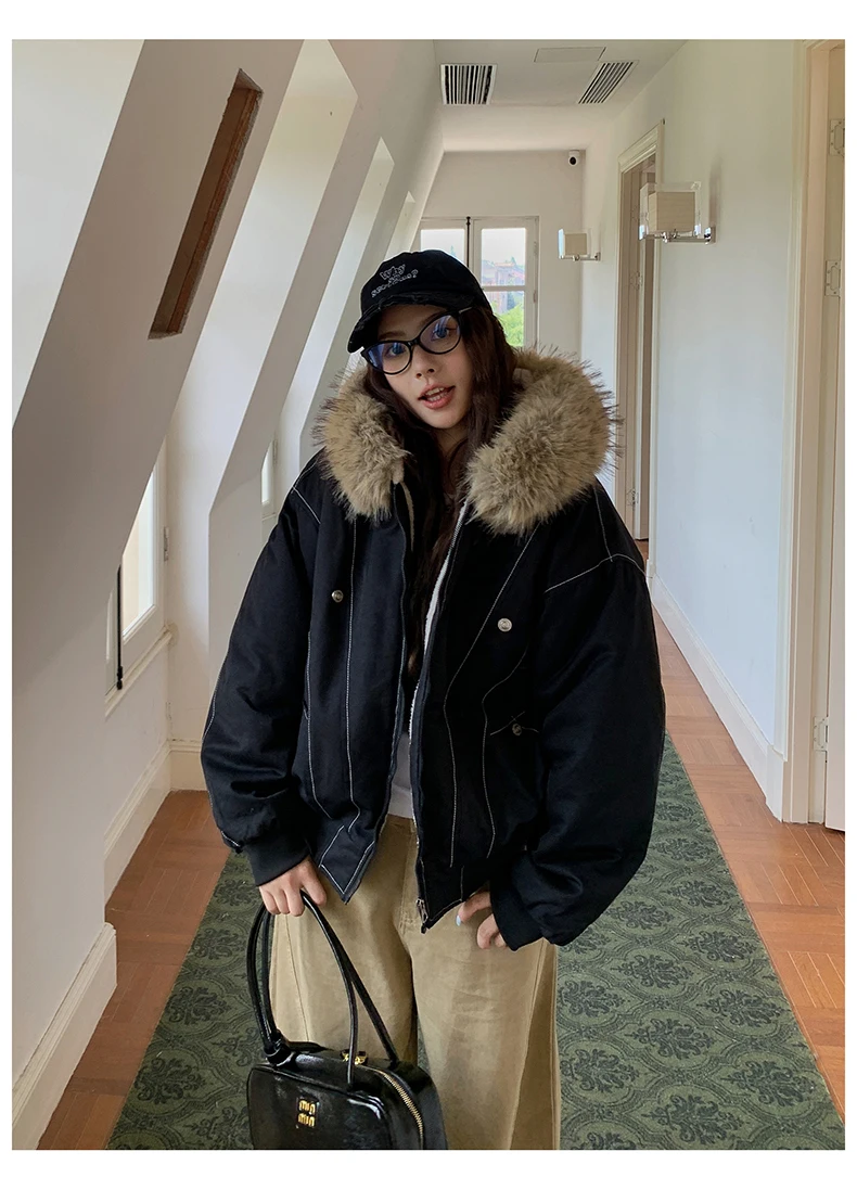 Autumn Winte Cotton Padded Short Parkas Women Thick Warm Fur Collar Hooded Vintage Jacket Outerwear Female Oversize Casual Coat