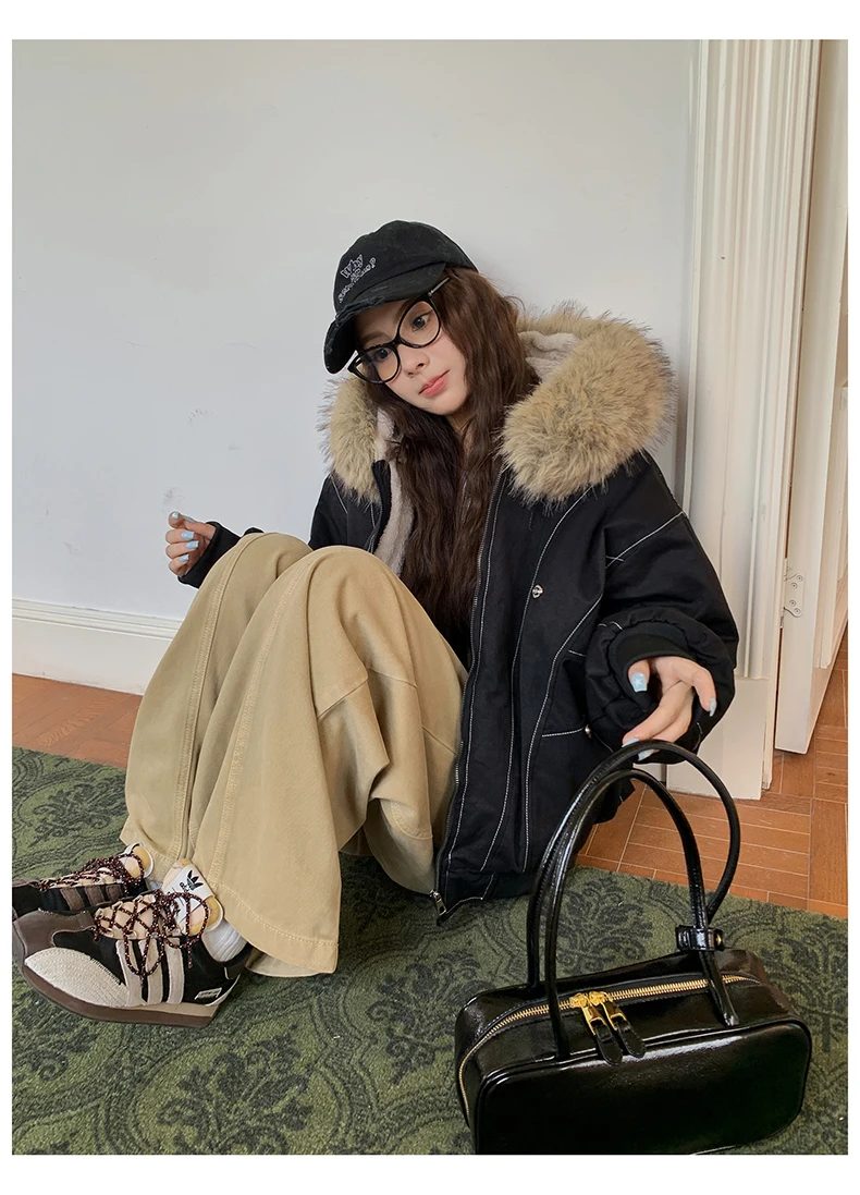 Autumn Winte Cotton Padded Short Parkas Women Thick Warm Fur Collar Hooded Vintage Jacket Outerwear Female Oversize Casual Coat