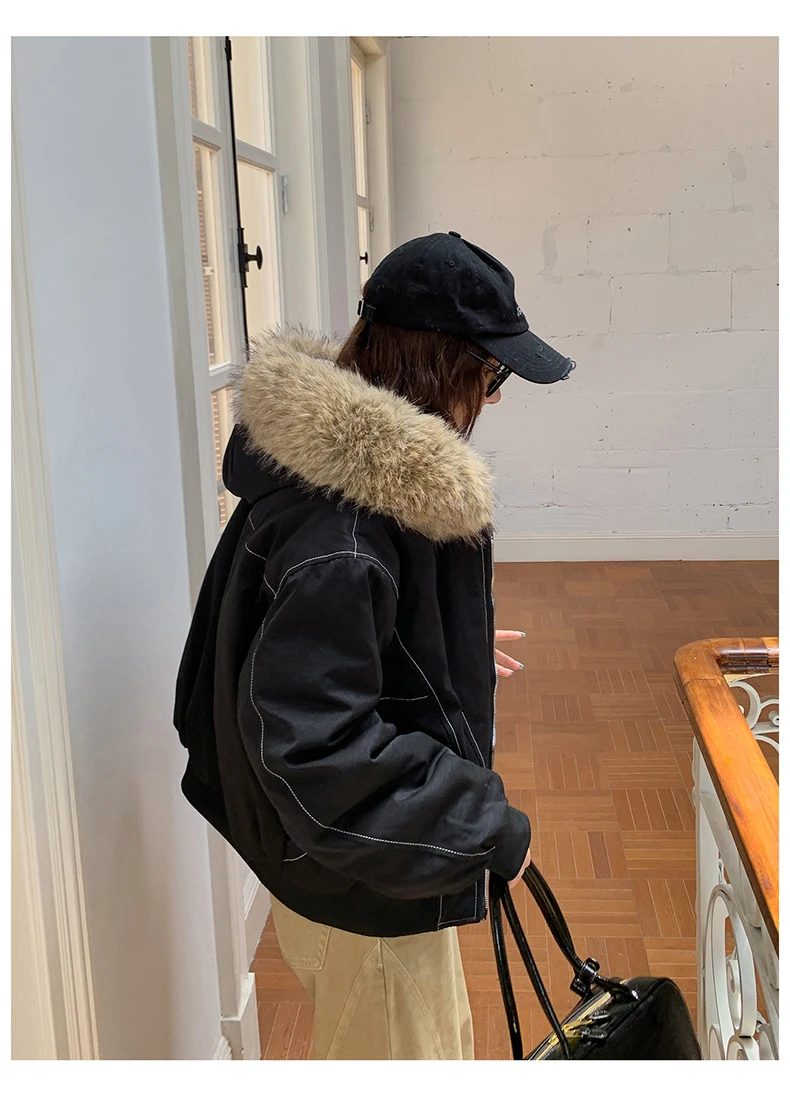 Autumn Winte Cotton Padded Short Parkas Women Thick Warm Fur Collar Hooded Vintage Jacket Outerwear Female Oversize Casual Coat