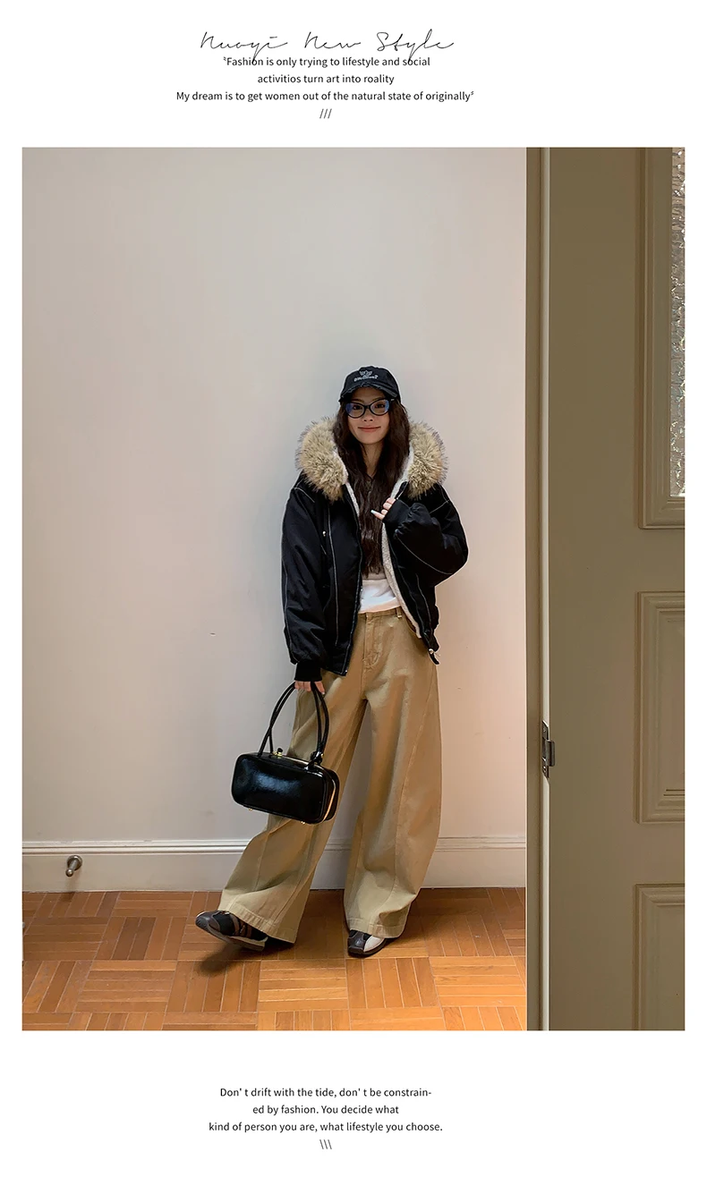 Autumn Winte Cotton Padded Short Parkas Women Thick Warm Fur Collar Hooded Vintage Jacket Outerwear Female Oversize Casual Coat