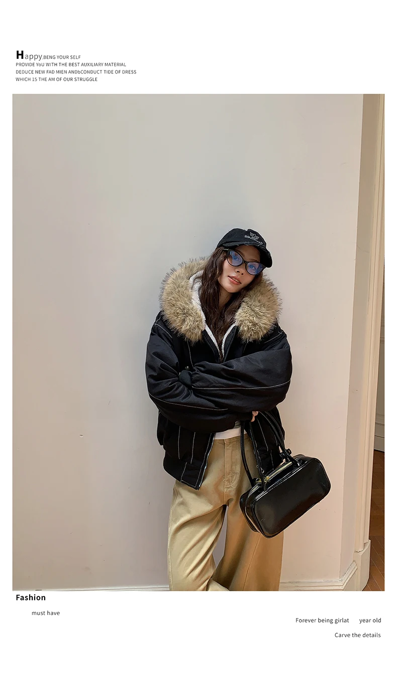 Autumn Winte Cotton Padded Short Parkas Women Thick Warm Fur Collar Hooded Vintage Jacket Outerwear Female Oversize Casual Coat