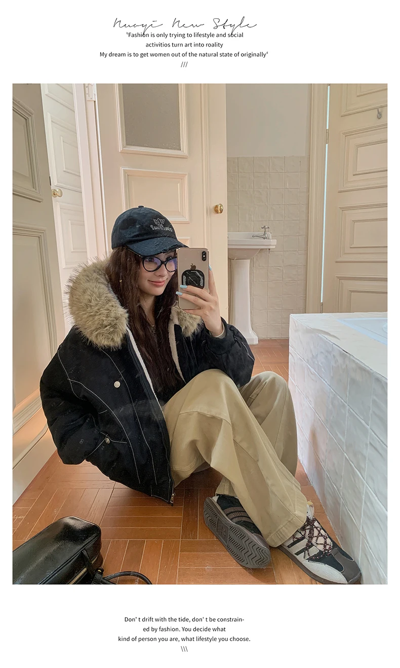 Autumn Winte Cotton Padded Short Parkas Women Thick Warm Fur Collar Hooded Vintage Jacket Outerwear Female Oversize Casual Coat