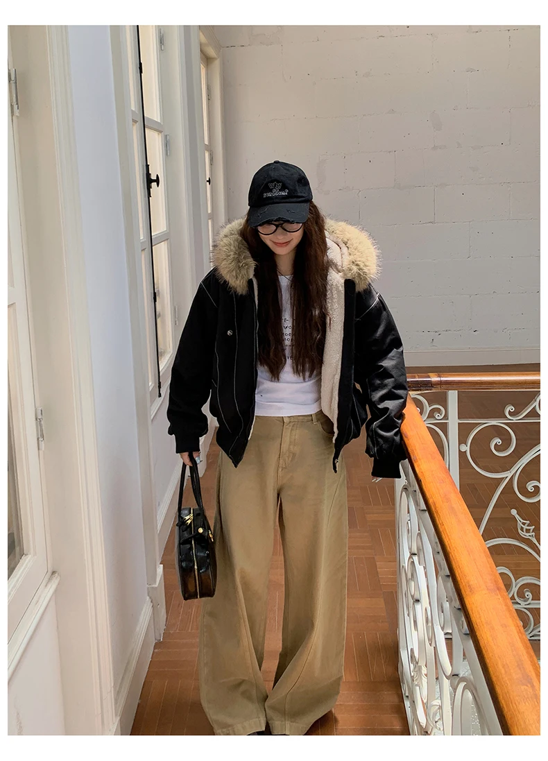 Autumn Winte Cotton Padded Short Parkas Women Thick Warm Fur Collar Hooded Vintage Jacket Outerwear Female Oversize Casual Coat