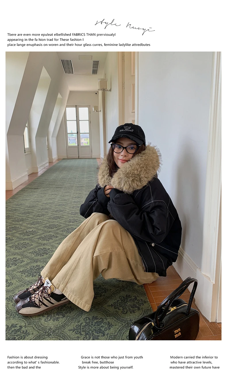 Autumn Winte Cotton Padded Short Parkas Women Thick Warm Fur Collar Hooded Vintage Jacket Outerwear Female Oversize Casual Coat