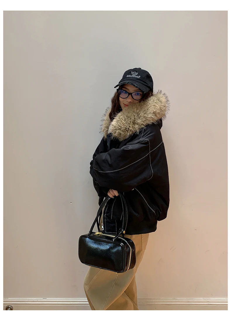 Autumn Winte Cotton Padded Short Parkas Women Thick Warm Fur Collar Hooded Vintage Jacket Outerwear Female Oversize Casual Coat