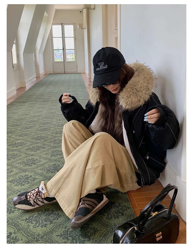 Autumn Winte Cotton Padded Short Parkas Women Thick Warm Fur Collar Hooded Vintage Jacket Outerwear Female Oversize Casual Coat