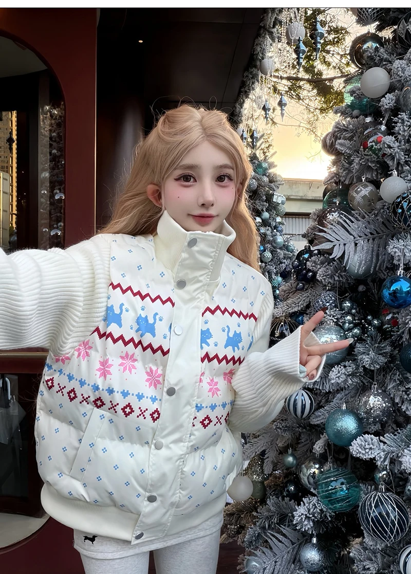 Sweet Print Cute Parkas Women Fashion Knitted Patchwork Thick Warm Cotton Coat Winter Stand Collar Preppy Style Kawaii Jacket