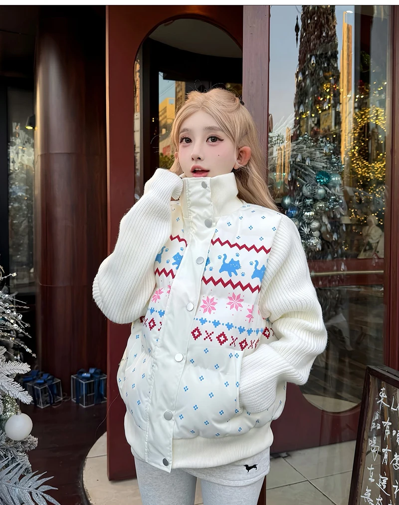 Sweet Print Cute Parkas Women Fashion Knitted Patchwork Thick Warm Cotton Coat Winter Stand Collar Preppy Style Kawaii Jacket