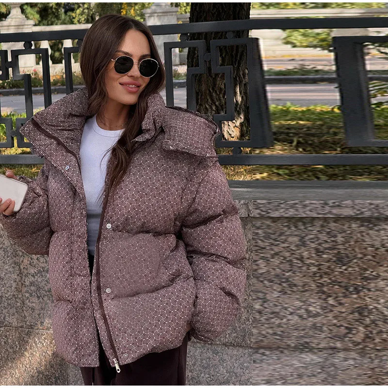 Printed Female Winter Cotton Quilted Jacket Hooded Thicken Zipper Single Breasted Long Sleeve 2025 New Casual Coat Loose Outwear