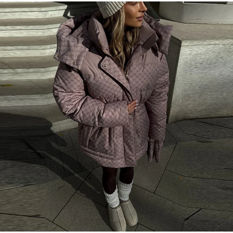 Printed Female Winter Cotton Quilted Jacket Hooded Thicken Zipper Single Breasted Long Sleeve 2025 New Casual Coat Loose Outwear