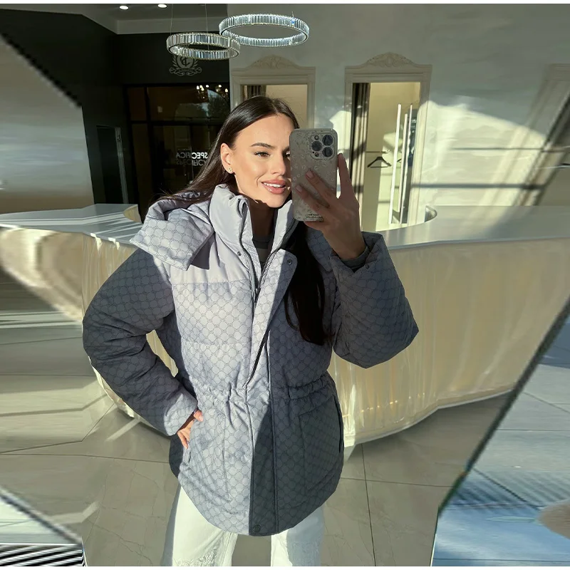 Printed Female Winter Cotton Quilted Jacket Hooded Thicken Zipper Single Breasted Long Sleeve 2025 New Casual Coat Loose Outwear