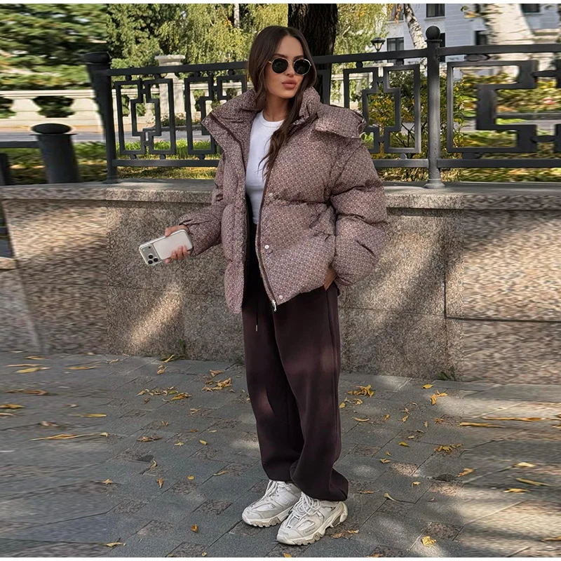 Printed Female Winter Cotton Quilted Jacket Hooded Thicken Zipper Single Breasted Long Sleeve 2025 New Casual Coat Loose Outwear