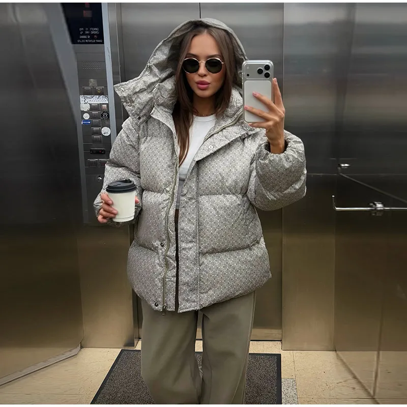Printed Female Winter Cotton Quilted Jacket Hooded Thicken Zipper Single Breasted Long Sleeve 2025 New Casual Coat Loose Outwear