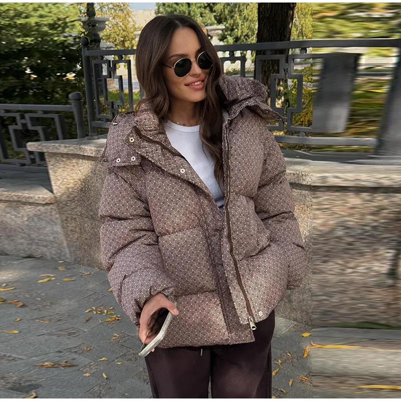 Printed Female Winter Cotton Quilted Jacket Hooded Thicken Zipper Single Breasted Long Sleeve 2025 New Casual Coat Loose Outwear