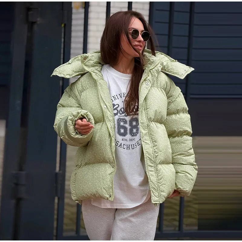 Printed Female Winter Cotton Quilted Jacket Hooded Thicken Zipper Single Breasted Long Sleeve 2025 New Casual Coat Loose Outwear