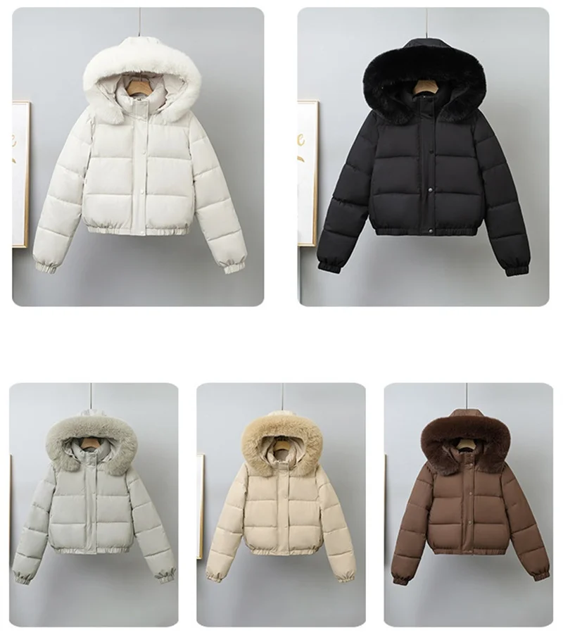 2025 Fashion Winter Short Parkas Women's Cotton-padded Clothes Add Velvet Thicken Fur Collar Removable Hooded Coats Warm Jackets