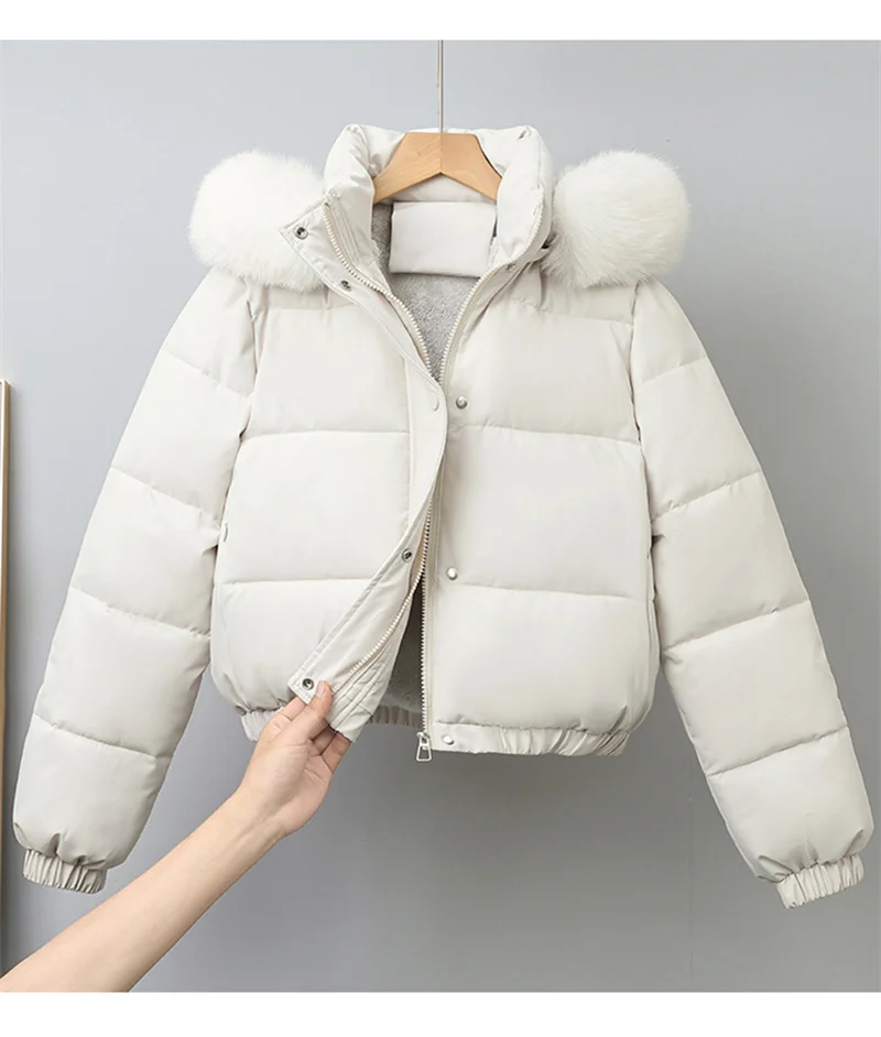2025 Fashion Winter Short Parkas Women's Cotton-padded Clothes Add Velvet Thicken Fur Collar Removable Hooded Coats Warm Jackets