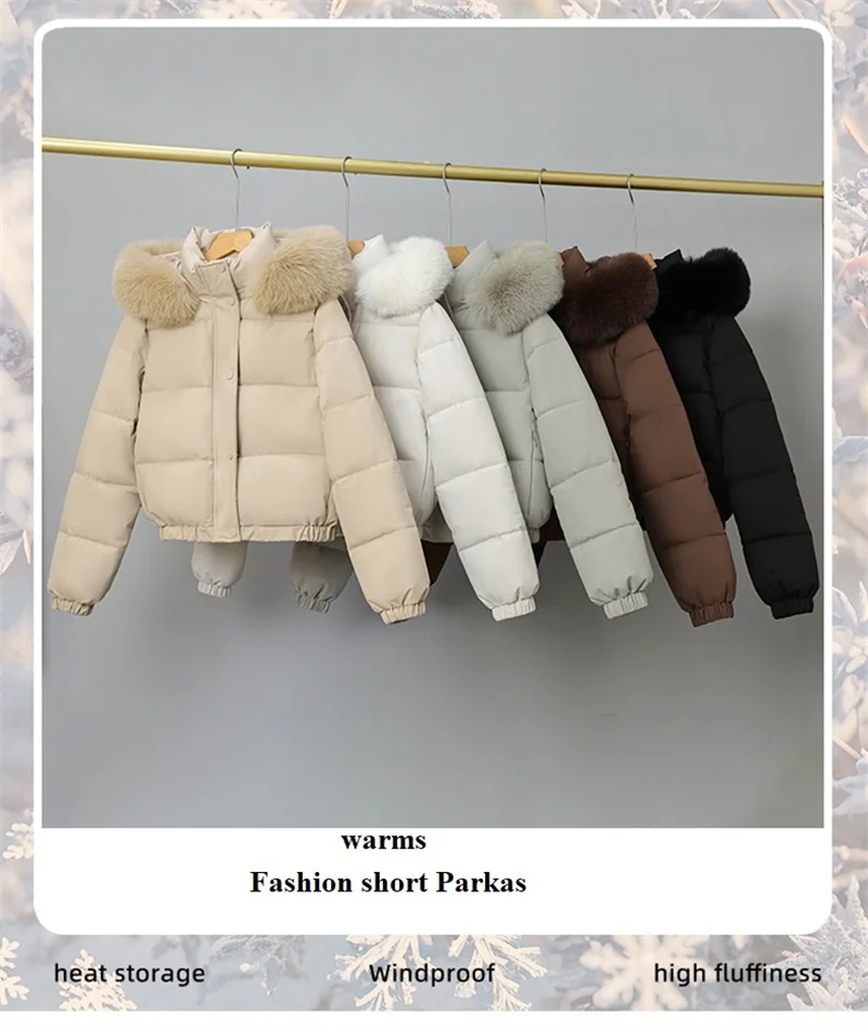 2025 Fashion Winter Short Parkas Women's Cotton-padded Clothes Add Velvet Thicken Fur Collar Removable Hooded Coats Warm Jackets