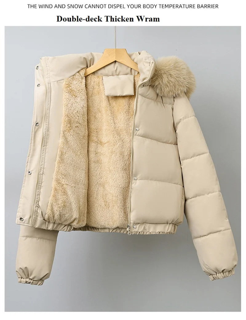 2025 Fashion Winter Short Parkas Women's Cotton-padded Clothes Add Velvet Thicken Fur Collar Removable Hooded Coats Warm Jackets
