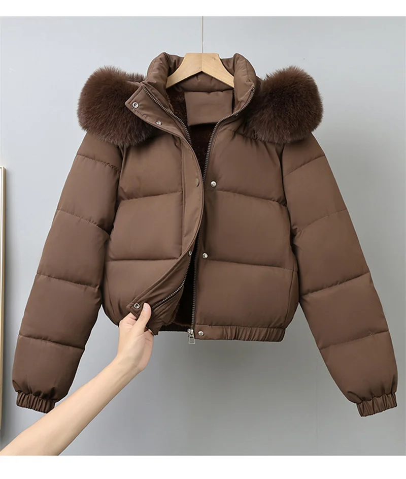 2025 Fashion Winter Short Parkas Women's Cotton-padded Clothes Add Velvet Thicken Fur Collar Removable Hooded Coats Warm Jackets
