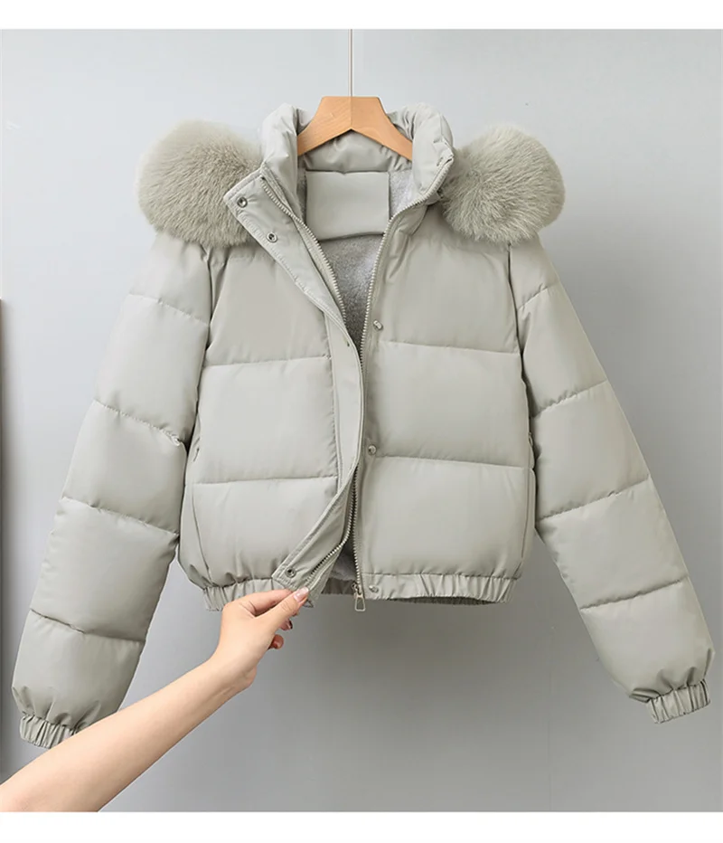 2025 Fashion Winter Short Parkas Women's Cotton-padded Clothes Add Velvet Thicken Fur Collar Removable Hooded Coats Warm Jackets