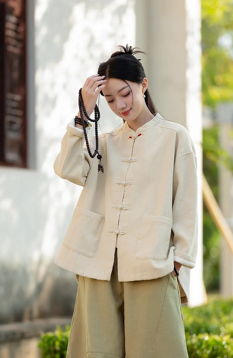 Johnature Women Ramie Cotton Chinese Style Parkas 2025 Winter New Long Sleeve Plush Warm Coats Solid Color Chinese Style Parkas