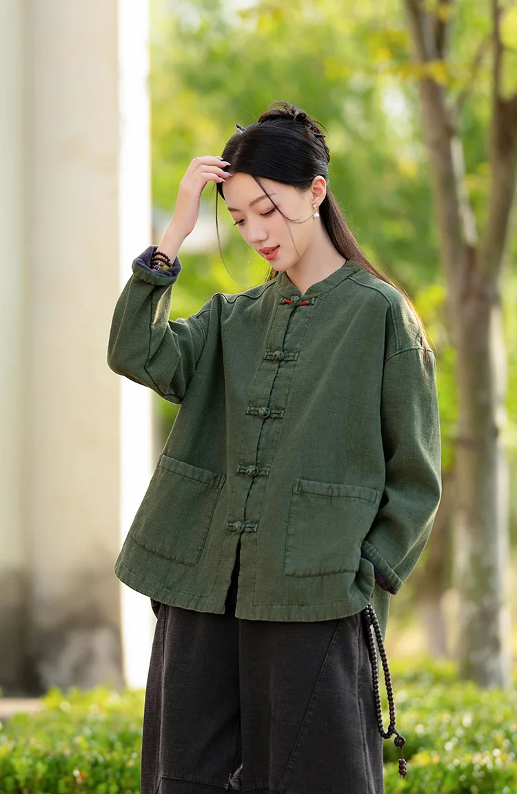 Johnature Women Ramie Cotton Chinese Style Parkas 2025 Winter New Long Sleeve Plush Warm Coats Solid Color Chinese Style Parkas