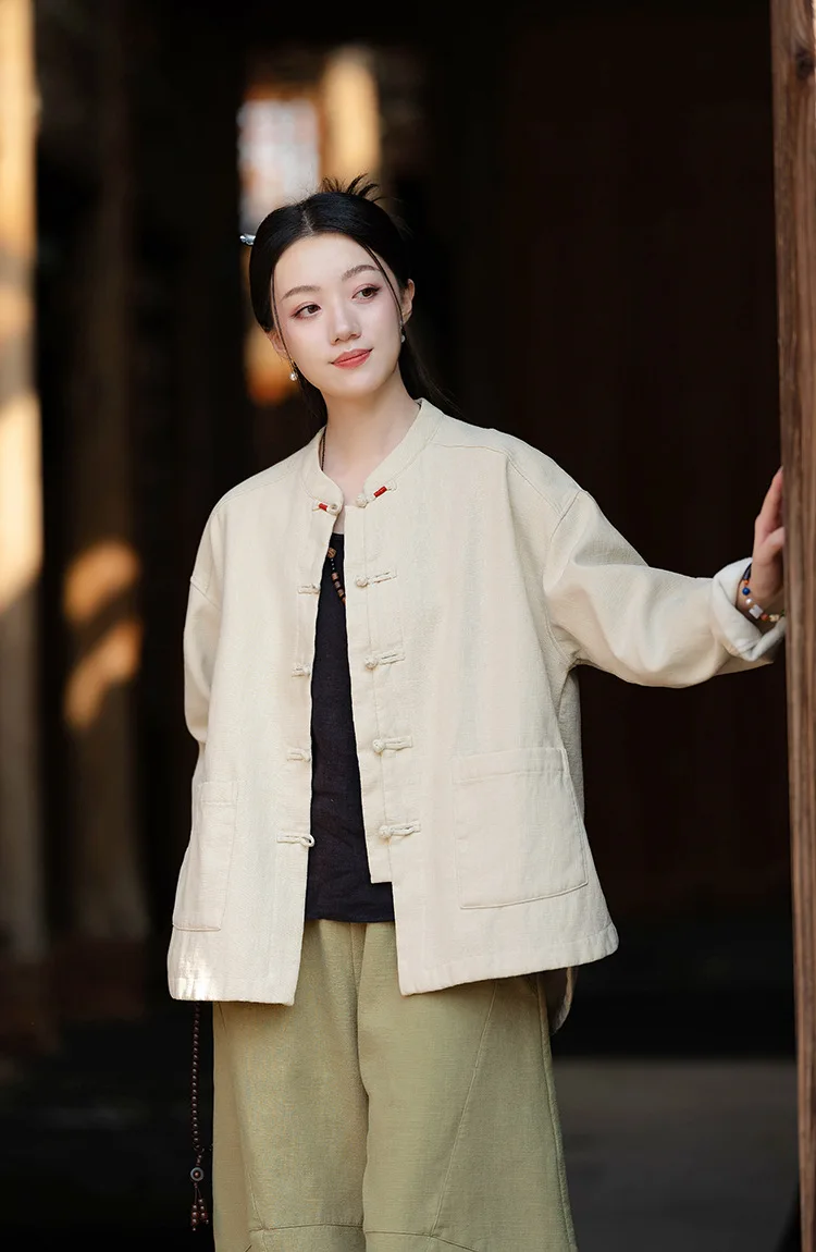 Johnature Women Ramie Cotton Chinese Style Parkas 2025 Winter New Long Sleeve Plush Warm Coats Solid Color Chinese Style Parkas