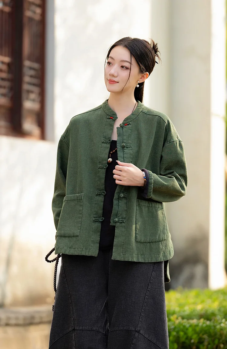 Johnature Women Ramie Cotton Chinese Style Parkas 2025 Winter New Long Sleeve Plush Warm Coats Solid Color Chinese Style Parkas