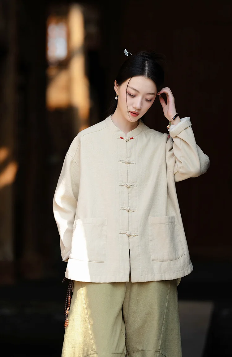 Johnature Women Ramie Cotton Chinese Style Parkas 2025 Winter New Long Sleeve Plush Warm Coats Solid Color Chinese Style Parkas
