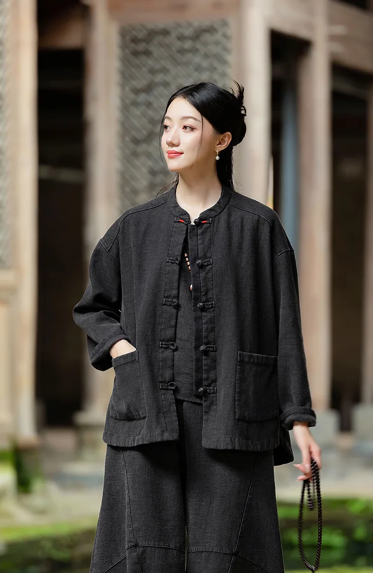 Johnature Women Ramie Cotton Chinese Style Parkas 2025 Winter New Long Sleeve Plush Warm Coats Solid Color Chinese Style Parkas