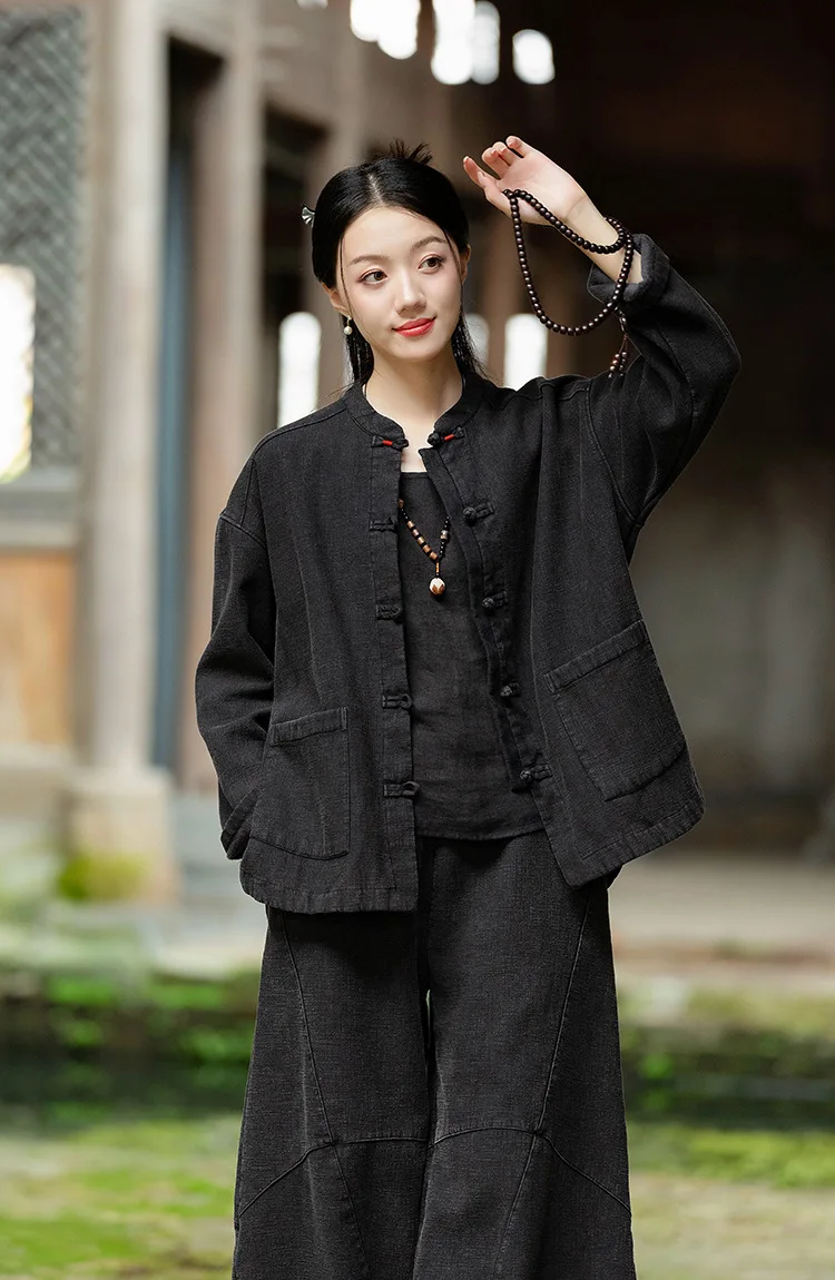 Johnature Women Ramie Cotton Chinese Style Parkas 2025 Winter New Long Sleeve Plush Warm Coats Solid Color Chinese Style Parkas