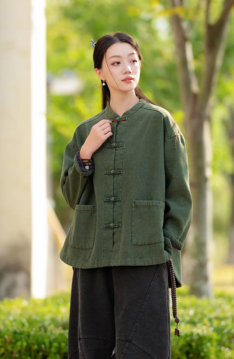 Johnature Women Ramie Cotton Chinese Style Parkas 2025 Winter New Long Sleeve Plush Warm Coats Solid Color Chinese Style Parkas