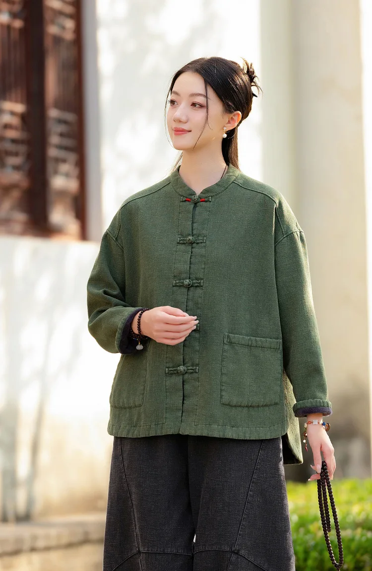 Johnature Women Ramie Cotton Chinese Style Parkas 2025 Winter New Long Sleeve Plush Warm Coats Solid Color Chinese Style Parkas