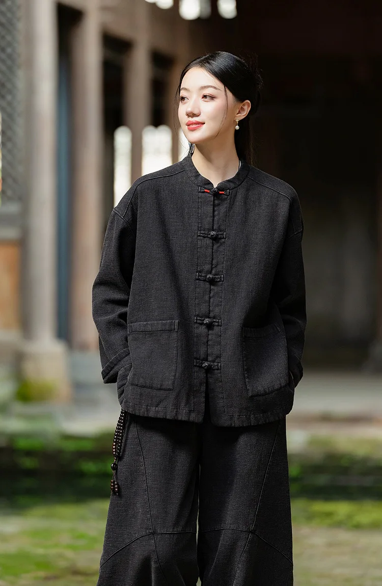 Johnature Women Ramie Cotton Chinese Style Parkas 2025 Winter New Long Sleeve Plush Warm Coats Solid Color Chinese Style Parkas