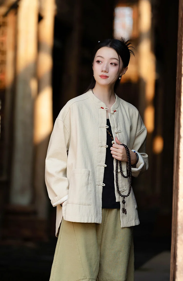 Johnature Women Ramie Cotton Chinese Style Parkas 2025 Winter New Long Sleeve Plush Warm Coats Solid Color Chinese Style Parkas