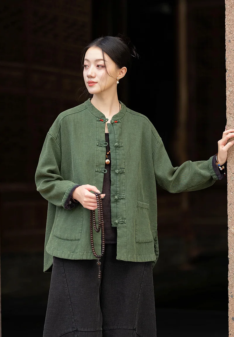 Johnature Women Ramie Cotton Chinese Style Parkas 2025 Winter New Long Sleeve Plush Warm Coats Solid Color Chinese Style Parkas