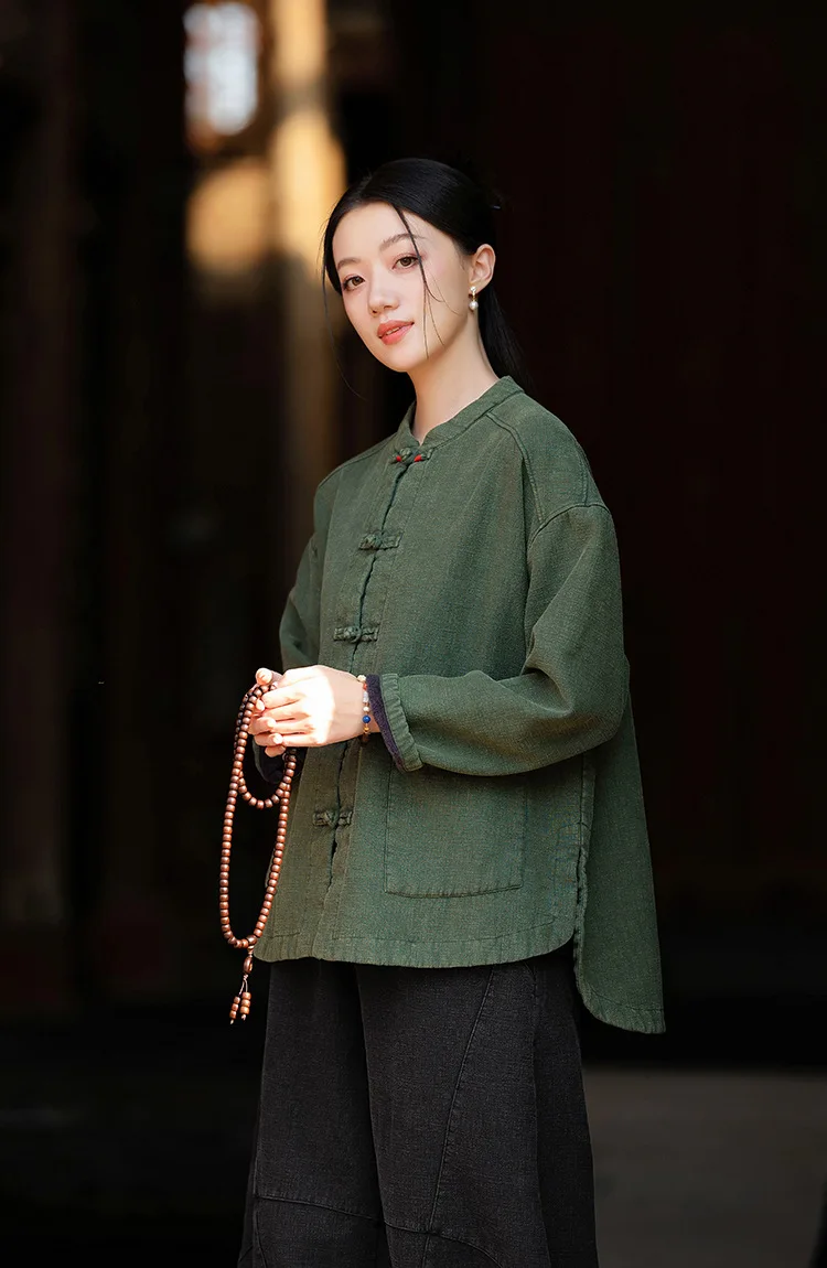 Johnature Women Ramie Cotton Chinese Style Parkas 2025 Winter New Long Sleeve Plush Warm Coats Solid Color Chinese Style Parkas