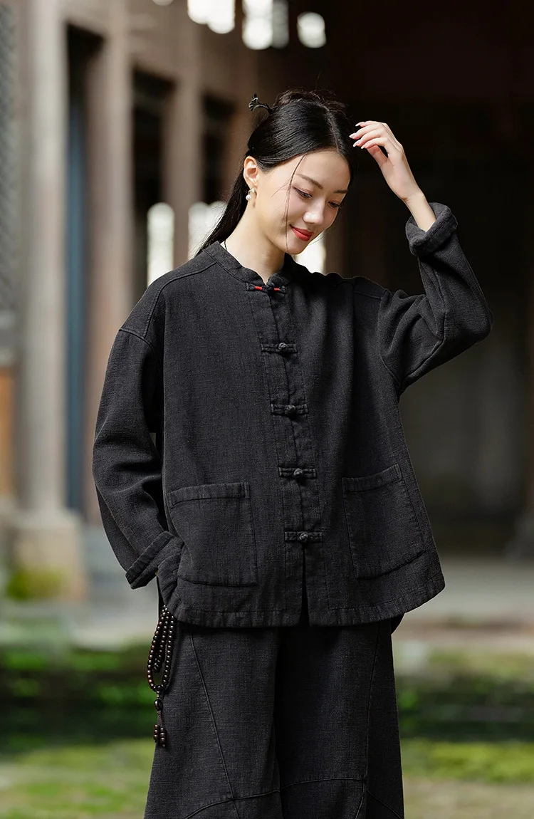 Johnature Women Ramie Cotton Chinese Style Parkas 2025 Winter New Long Sleeve Plush Warm Coats Solid Color Chinese Style Parkas
