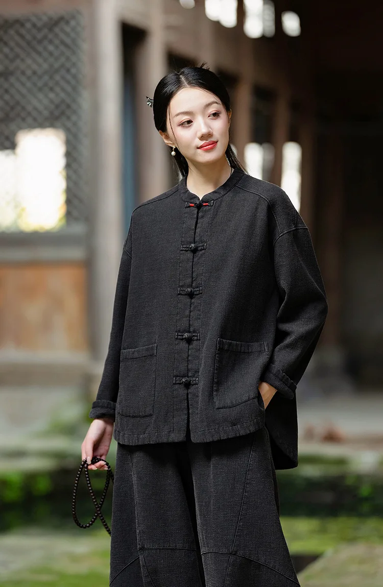 Johnature Women Ramie Cotton Chinese Style Parkas 2025 Winter New Long Sleeve Plush Warm Coats Solid Color Chinese Style Parkas