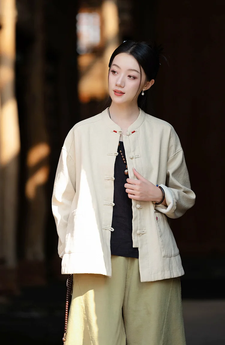 Johnature Women Ramie Cotton Chinese Style Parkas 2025 Winter New Long Sleeve Plush Warm Coats Solid Color Chinese Style Parkas