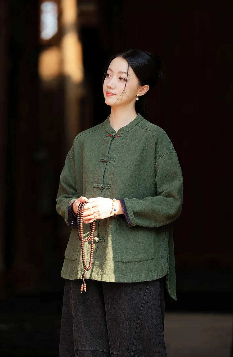 Johnature Women Ramie Cotton Chinese Style Parkas 2025 Winter New Long Sleeve Plush Warm Coats Solid Color Chinese Style Parkas
