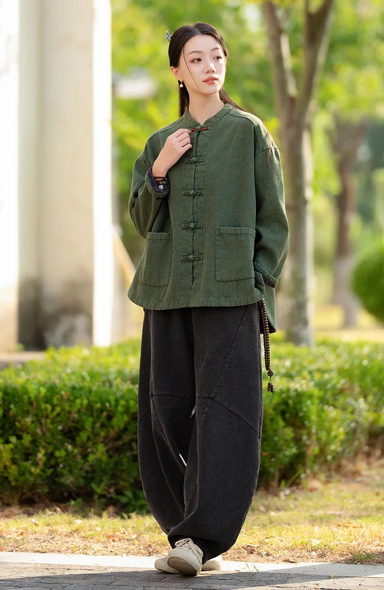 Johnature Women Ramie Cotton Chinese Style Parkas 2025 Winter New Long Sleeve Plush Warm Coats Solid Color Chinese Style Parkas