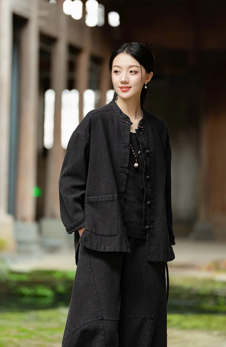 Johnature Women Ramie Cotton Chinese Style Parkas 2025 Winter New Long Sleeve Plush Warm Coats Solid Color Chinese Style Parkas