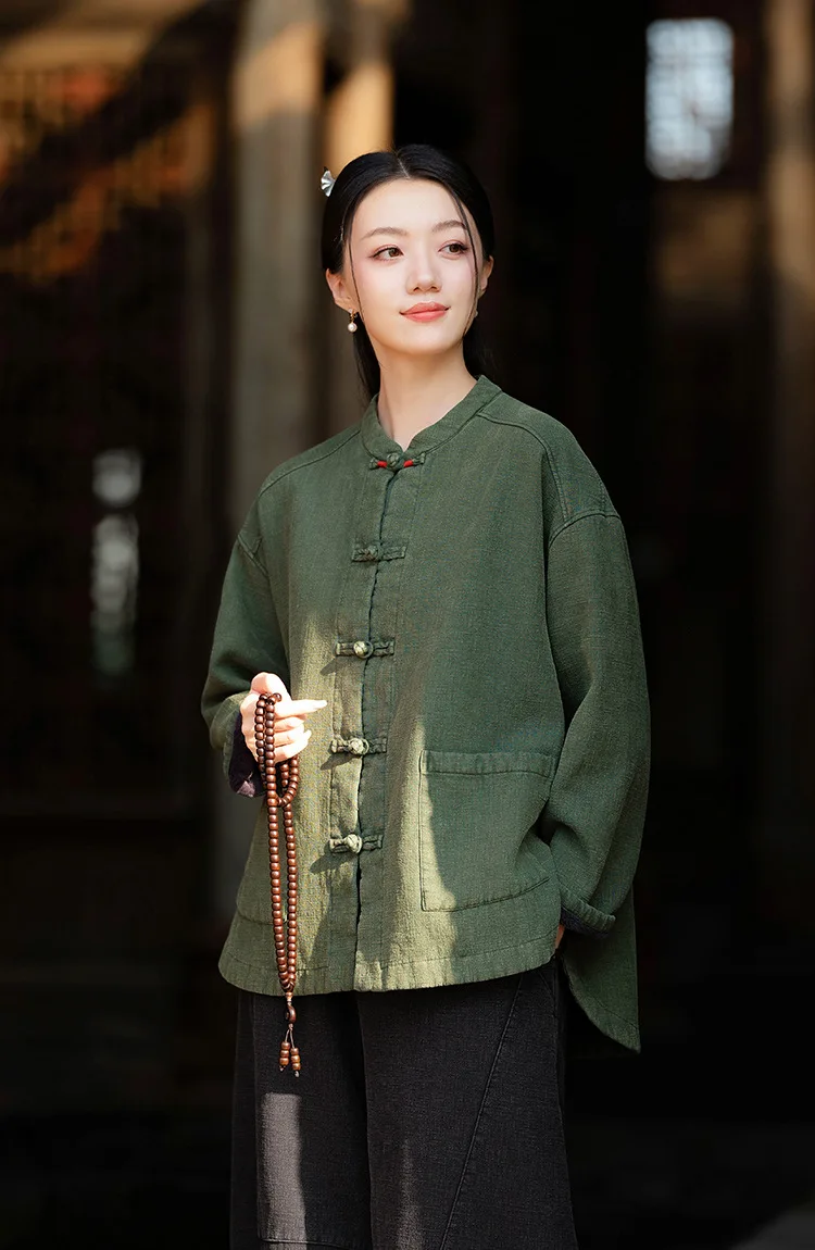 Johnature Women Ramie Cotton Chinese Style Parkas 2025 Winter New Long Sleeve Plush Warm Coats Solid Color Chinese Style Parkas