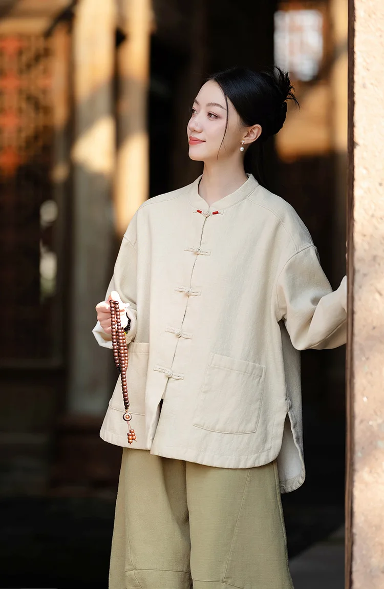 Johnature Women Ramie Cotton Chinese Style Parkas 2025 Winter New Long Sleeve Plush Warm Coats Solid Color Chinese Style Parkas