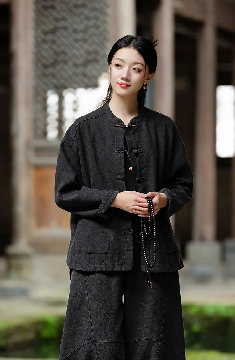 Johnature Women Ramie Cotton Chinese Style Parkas 2025 Winter New Long Sleeve Plush Warm Coats Solid Color Chinese Style Parkas