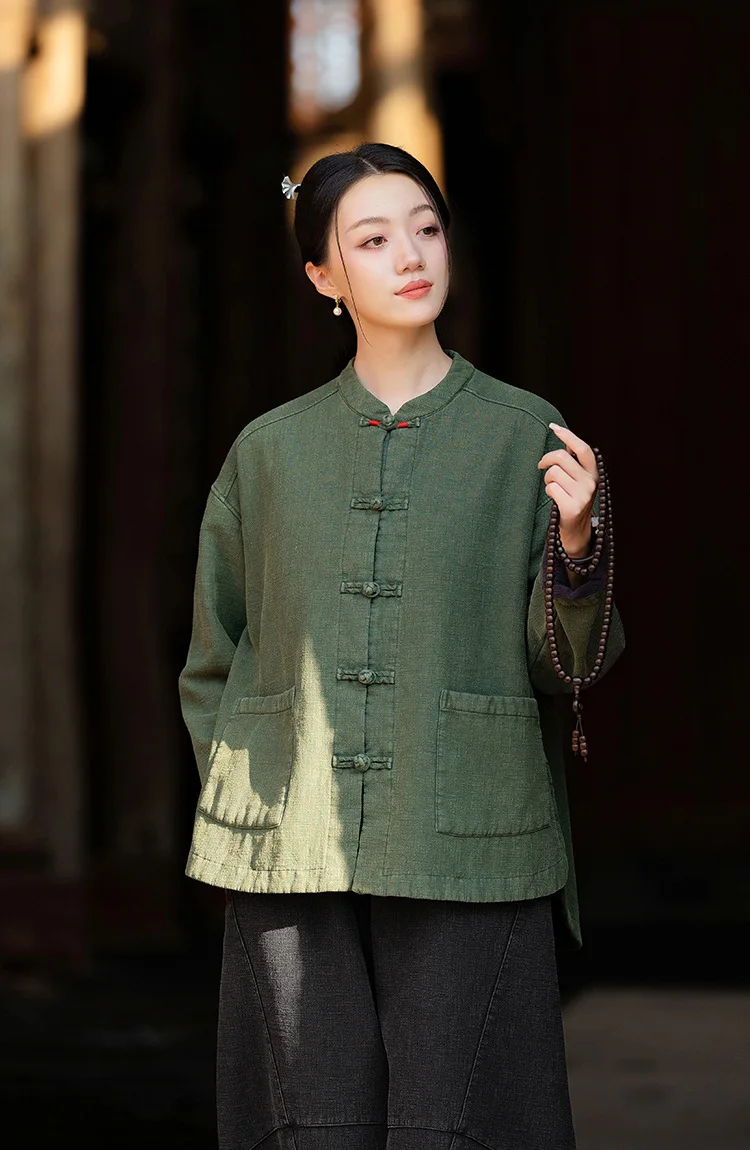 Johnature Women Ramie Cotton Chinese Style Parkas 2025 Winter New Long Sleeve Plush Warm Coats Solid Color Chinese Style Parkas